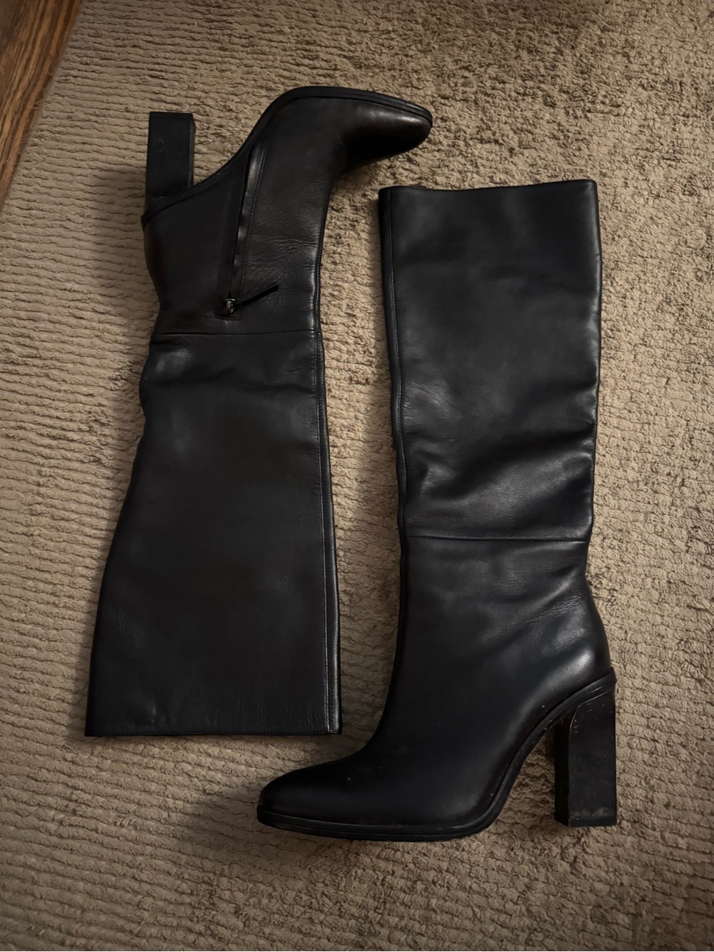 Zara Black Leather Knee-High Block Heel Boots